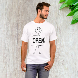 Grappige stick figuur met open teken t-shirt
