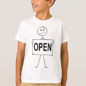 Grappige stick figuur met open teken t-shirt (Voorkant)