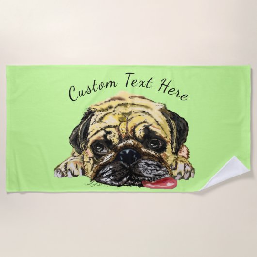 Grappige Strandhanddoek met Pug Dog en Aangepaste Strandlaken (Voorkant)
