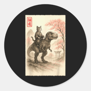 Grappige Sumi-e Kawaii Kat Rijdt op Dinosaur Japan Ronde Sticker