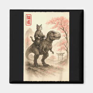 Grappige Sumi-e Kawaii Kat Rijdt op Dinosaurus Jap Magneet
