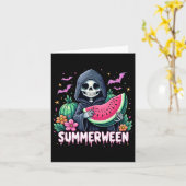 Grappige Summerween Skeleton Watermelon Halloween  Kaart (Gele Bloem)