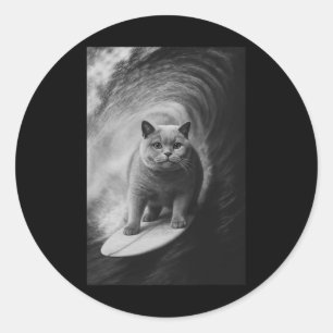 Grappige surfende Britse Korthaar Kat Selfie Stran Ronde Sticker