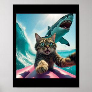Grappige Surfende Kat Selfie Met Haai Meme _1 Poster