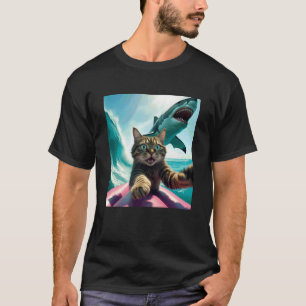 Grappige surfende kat selfie met haai meme t-shirt