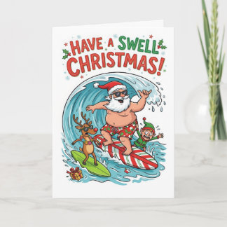 Grappige surfende Kerstman – Prettig kerstfeest Kaart