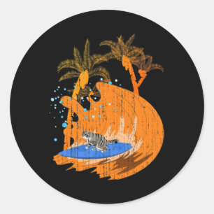 Grappige Surfer Dier Kat Surfplank Oceaan Sport Go Ronde Sticker