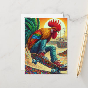 Grappige Surrealistische Skateboardende Haan Briefkaart