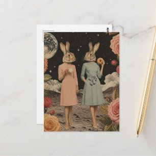 Grappige surreële konijnen dames ontbijt collage briefkaart