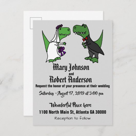 Grappige T-rex bruid en bruidegom bruiloft uitnodi Uitnodiging Briefkaart (Voorkant / Achterkant)