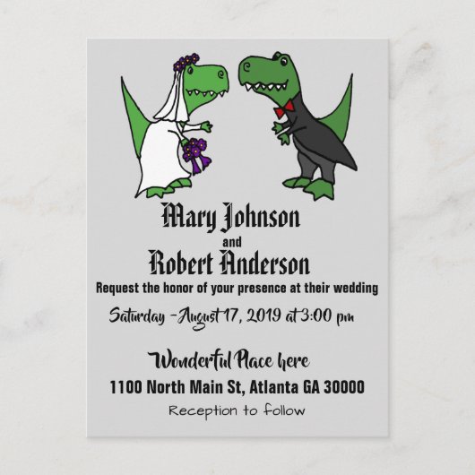 Grappige T-rex bruid en bruidegom bruiloft uitnodi Uitnodiging Briefkaart (Voorkant)