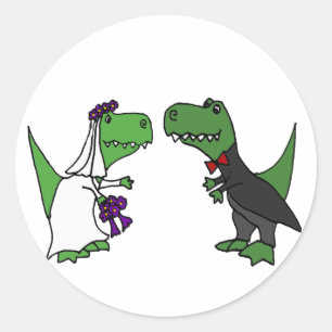 Grappige T-rex Dinosaurus Bruid en bruidegom Huwel Ronde Sticker