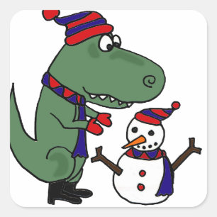 Grappige T-Rex Dinosaurus Building Sneeuwman Vierkante Sticker