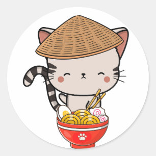 Grappige tabby kat eet noedels ronde sticker
