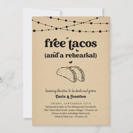 Grappige tacos bruiloft repetitie diner uitnodigin kaart (Voorkant)