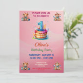 Grappige teddybeer eerste verjaardag uitnodiging (Staand voorkant)