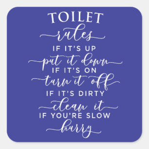 Grappige Toiletregels – Elegante witte tekst op zw Vierkante Sticker