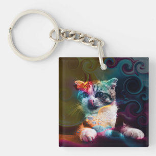 GRAPPIGE TRENDY KLEURRIJKE KAT KUNST SLEUTELHANGER