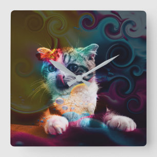 GRAPPIGE TRENDY KLEURRIJKE KAT KUNST VIERKANTE KLOK
