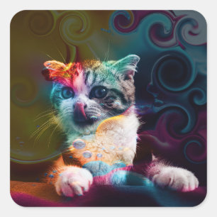 GRAPPIGE TRENDY KLEURRIJKE KAT KUNST VIERKANTE STICKER