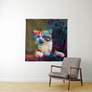 GRAPPIGE TRENDY KLEURRIJKE KAT KUNST WANDKLEED