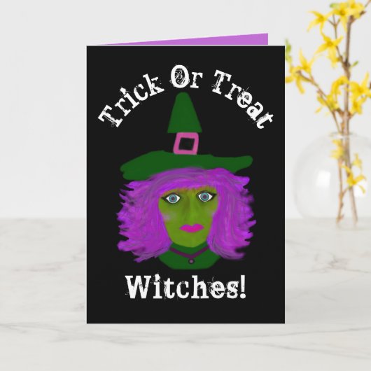 Grappige Trick or treat Halloween Witch Custom Kaart (Gele Bloem)