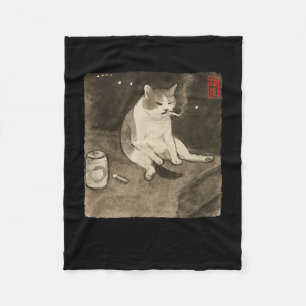 Grappige Trieste Kat Roken Meme Sumi-e Japanse Art Fleece Deken
