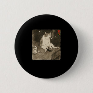 Grappige Trieste Kat Roken Meme Sumi-e Japanse Art Ronde Button 5,7 Cm