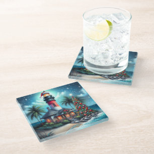 Grappige tropische kerstvuurtoren Blauwgroen rood Glazen Onderzetter