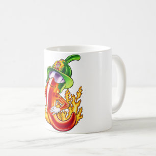 Grappige trotse brandweerman chili in brand geeft  koffiemok
