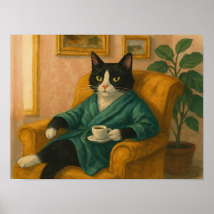 Grappige Tuxedo Kat in Badjas die Koffie Drinkt  Poster