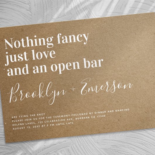 Grappige Typografie Open Bar Kraft Bruiloft Kaart