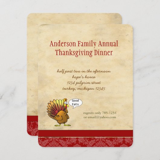 Grappige uitnodiging voor Thanksgiving-diner (Voorkant / Achterkant)