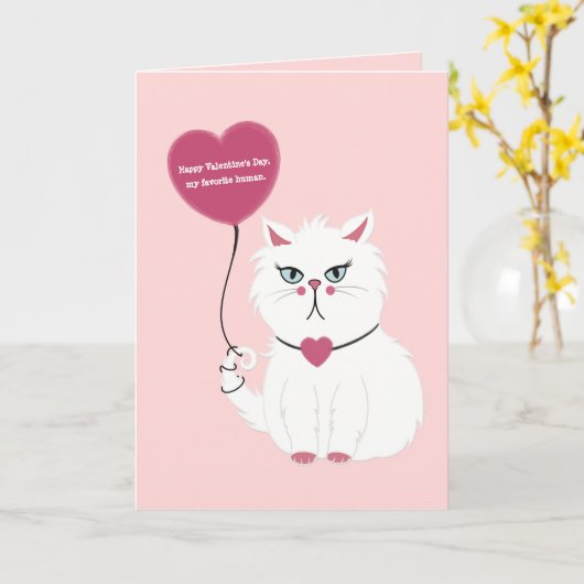 Grappige Valentijnsdag Grumpy White Cat Flat Kaart (Gele Bloem)