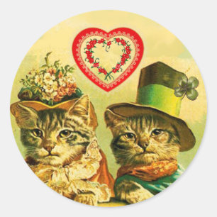 GRAPPIGE VALENTIJNSDAG KATTEN, RODE ROZENHARTEN RONDE STICKER