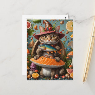 Grappige vampierkat met een vis op een paddestoel briefkaart