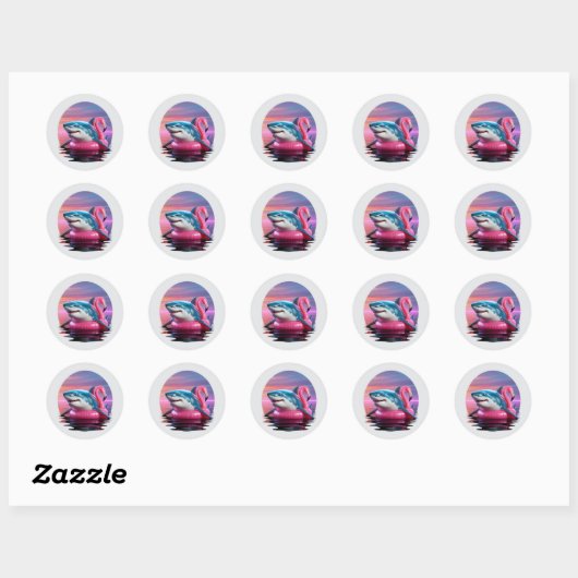 Grappige Vaporwave Haai op Flamingo Pool Float Ronde Sticker (Vel)