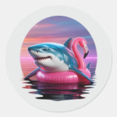 Grappige Vaporwave Haai op Flamingo Pool Float Ronde Sticker (Voorkant)