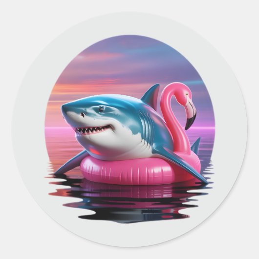 Grappige Vaporwave Haai op Flamingo Pool Float Ronde Sticker (Voorkant)