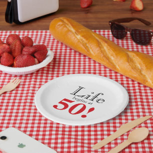 Grappige verjaardag 50e mijlpaal retro kersenrood papieren bordje