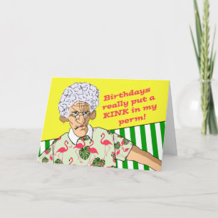 Grappige verjaardag, oudere dame met permanent haa kaart