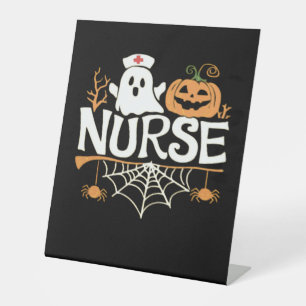 Grappige Verpleegster Halloween Ghost Design Essen Reclamebord Met Voetstuk