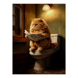 Grappige Vette Kat Leest Krant op Toilet Perfect Poster