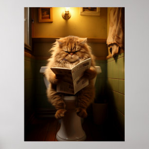 Grappige Vette Kat Leest Krant op Toilet Poster