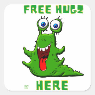 grappige vierkante sticker "FREE HUGZ..."