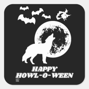 grappige vierkante sticker "HAPPY HOWL-O-WEEN 2"
