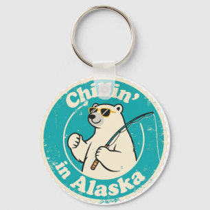 Grappige Vintage Alaska Chillen Ijsbeer Vissen Sleutelhanger