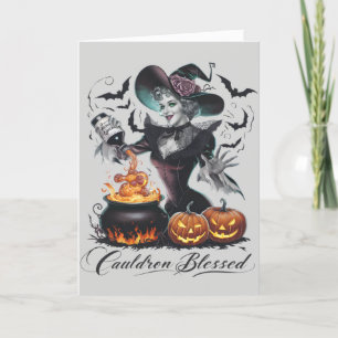Grappige Vintage Ketel Gezegende Heks Halloween Feestdagen Kaart
