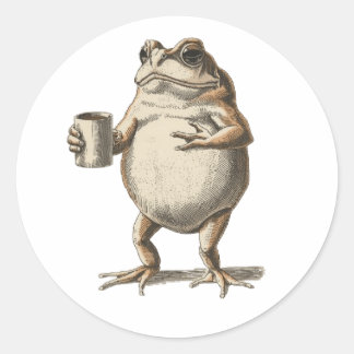 Grappige Vintage Kikker Drinkt Koffie - Esthetisch Ronde Sticker