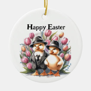 Grappige vintage paaskuikens in pakken Roze Tulp Keramisch Ornament